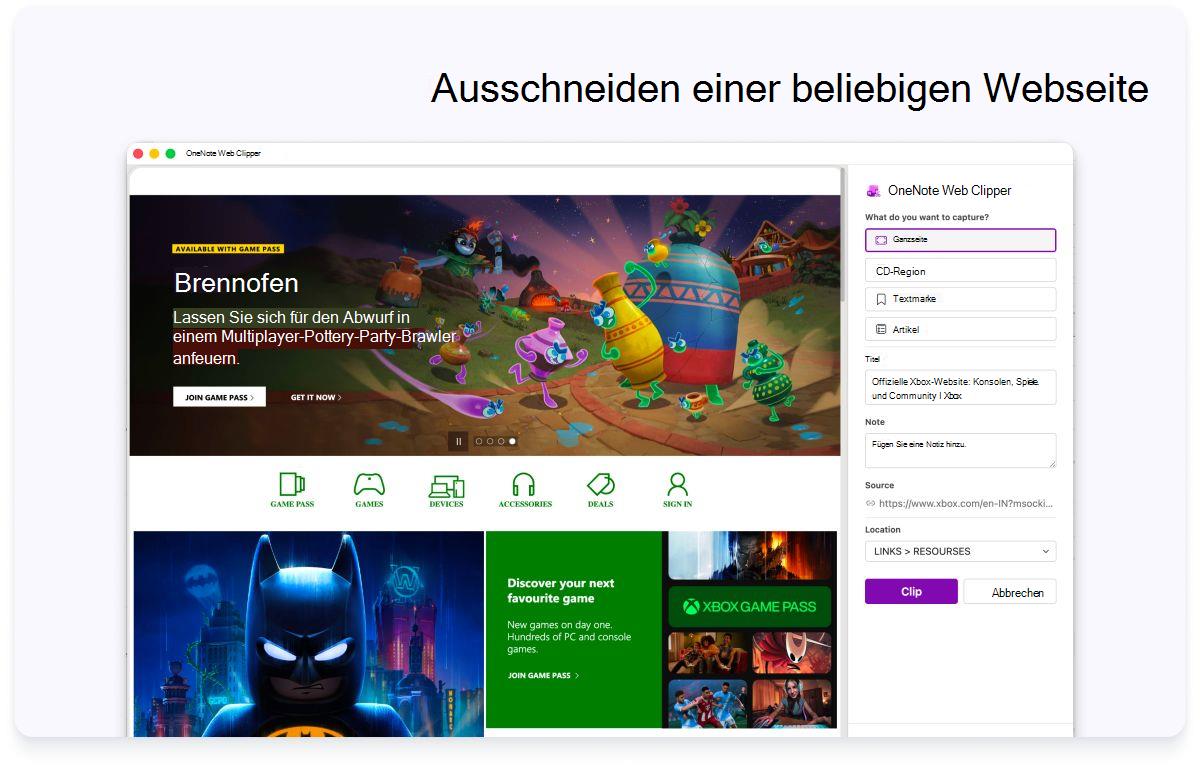 Screenshot einer vollständigen Webseite mit einem Seitenbereich für Einstellungen. Der Text oben besagt, dass eine beliebige Webseite ausgeschnitten werden soll.