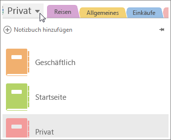 Wechseln Sie Notizbücher über das Menü auf der linken Seite.