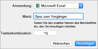Beispiel für eine benutzerdefinierte Tastenkombination in Office 2016 für Mac