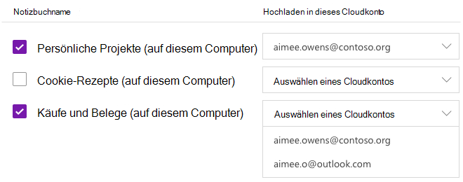 Ausgewählte Notizbücher, die in ein Cloudkonto hochgeladen werden sollen