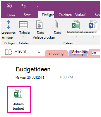 Screenshot einer angefügten Tabelle in OneNote 2016