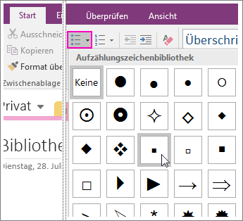 Screenshot: Hinzufügen von Aufzählungszeichen zu einer Seite in OneNote 2016
