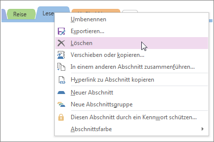 Screenshot of how to delete a section in OneNote 2016.