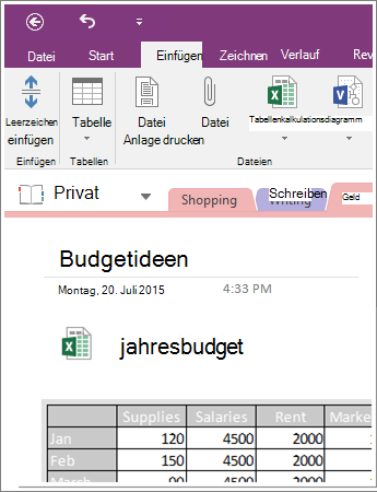 Screenshot einer eingebetteten Tabelle in OneNote 2016