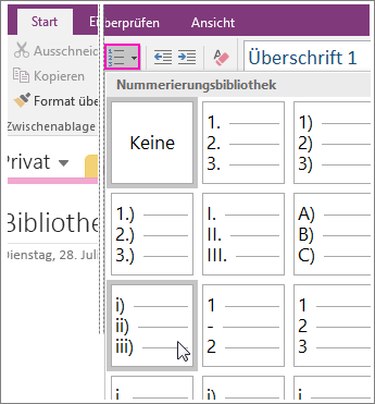 Screenshot: Hinzufügen einer Nummerierung zu einer Seite in OneNote 2016