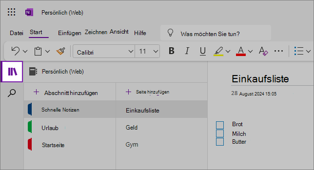 Ansicht der OneNote-Weboberfläche mit dem Inhaltsbereich