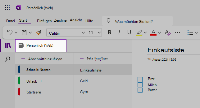 Ansicht der OneNote-Weboberfläche mit dem Inhaltsbereich