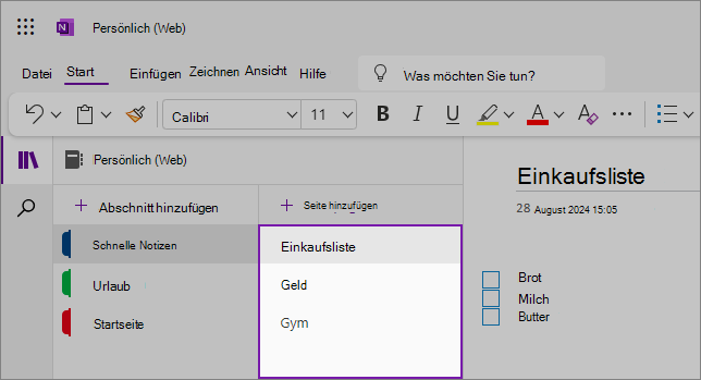 Ansicht der OneNote-Weboberfläche mit dem Inhaltsbereich