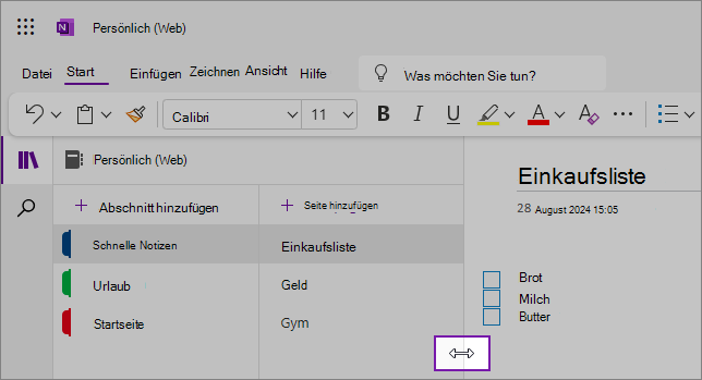 Screenshots zum Ändern der Größe von OneNote-Navigationsbereichen