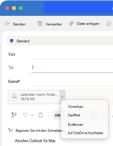 Dropdownoptionen zum Anfügen von Dateien in Outlook für Mac