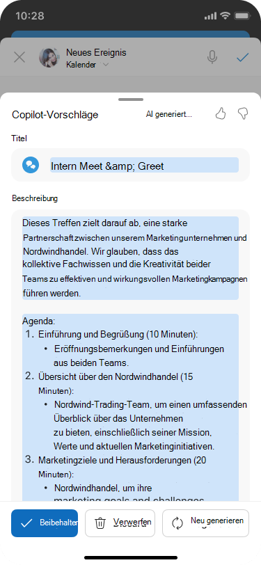 Copilot-Vorschlagsblatt für Den Zeitplan mit Copilot
