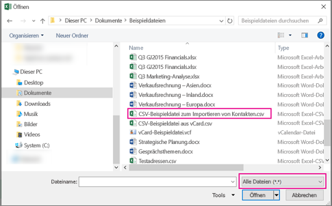 Verwenden Sie beim Suchen nach der CSV-Datei die Option 