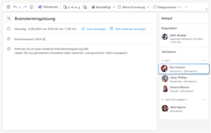 Abbildung eines Besprechungsnachverfolgungsbereichs, in dem alle Antworten für jeden eingeladenen Personen zusammen mit den neuen zusätzlichen Informationen darüber angezeigt werden, ob jeder Teilnehmer persönlich oder virtuell teilnehmen wird.