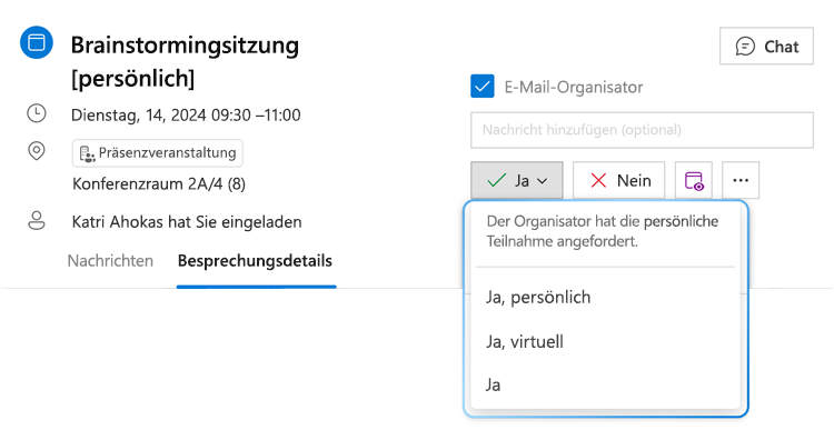 Die Abbildung zeigt die hybride RSVP-Menüschaltfläche für Ja mit der erweiterten Dropdownliste, in der drei verschiedene Optionen angezeigt werden können: Ja, persönlich, Ja, virtuell und Ja.