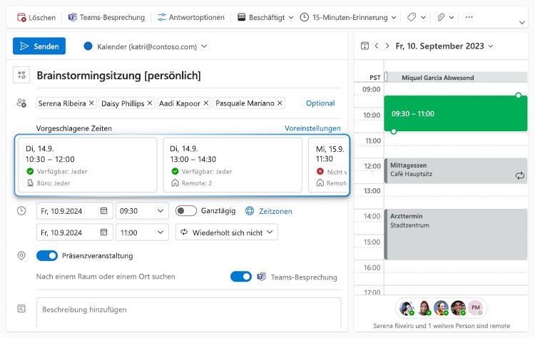 Die Abbildung zeigt das Formular zum Erstellen eines Ereignisses für eine Besprechung, die der Organisator planen möchte. Der Organisator hat die persönliche Umschaltfläche ausgewählt. So kann man im Abschnitt Vorgeschlagene Zeiten drei verschiedene vorgeschlagene Zeitkarten sehen, von denen die ersten beiden Zeitfenster sind, in denen jeder persönlich an der Besprechung teilnehmen kann.