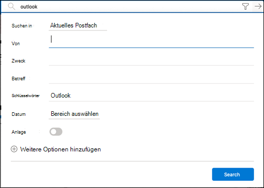 Filtermenü für die Suche.