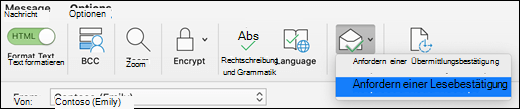Wählen Sie im Menüband Optionen die Option Beleg anfordern aus.
