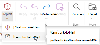 Sie können die > Schaltfläche Keine Junk-E-Mail melden verwenden, um eine Nachricht aus Ihrem Junk-Email-Ordner wiederherzustellen und Outlook dann anweisen, das Senden von Nachrichten von diesem Absender in den Junk-Email Ordner zu beenden.