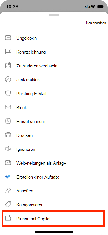 Zeitplan aus Email kann im Menü 