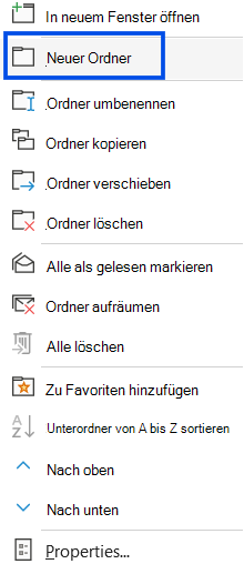 Screenshot, der die Auswahl eines neuen Ordners im Navigationsbereich des klassischen Outlook zeigt.