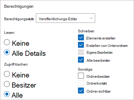 Screenshot: Veröffentlichungs-Editor als Berechtigungsstufe ausgewählt