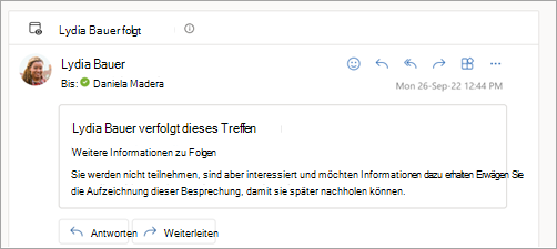 Screenshot der E-Mail-Antwort, dass der Teilnehmer der Besprechung folgt