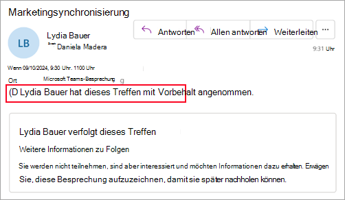 Screenshot für Organisierende, die nicht das neue Outlook verwenden, der anzeigt, dass der Teilnehmer die Besprechung vorläufig angenommen hat