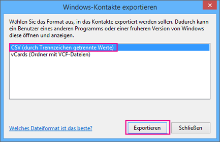 Wählen Sie „CSV“ und dann „Exportieren“ aus.