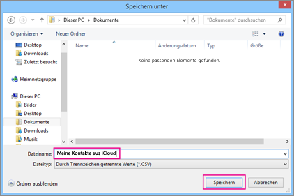 Geben Sie einen Namen für Ihre CSV-Datei ein, und wählen Sie dann „Speichern“ aus.