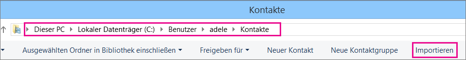 Navigieren Sie zum Ordner „Kontakte“, und wählen Sie „Importieren“ aus.