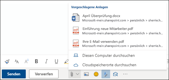 Anfügen von Dateien mit vorgeschlagenen Anlagen