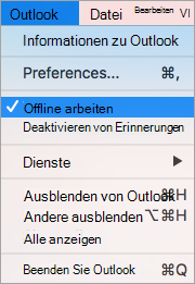 Ausgewählte Option „Offline arbeiten“ im Outlook-Menü