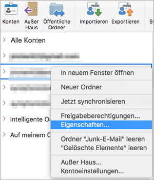 Kontextmenü für einen Exchange-Ordner mit der ausgewählten Option „Eigenschaften“