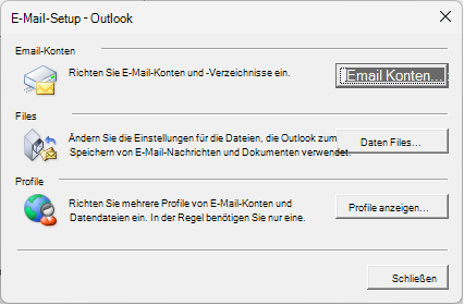 E-Mail-Setup: Outlook-Dialogfeld, auf das über E-Mail-Einstellungen in Systemsteuerung zugegriffen wird.