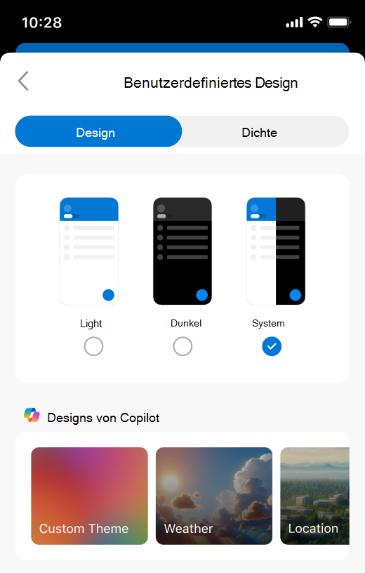 Screenshot der Einstellungen für Outlook-Designs auf Mobilgeräten.