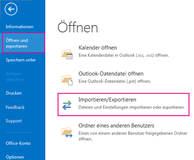 Wählen Sie Öffnen & Exportieren und dann Importieren/Exportieren aus.