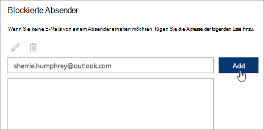 Screenshot des Felds „Blockierte Absender“.