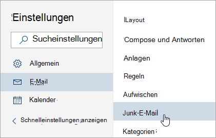 Screenshot des Menüs „Einstellungen“ mit „Junk-E-Mail“ ausgewählt