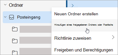 Screenshot: Auswahl zum Hinzufügen eines freigegebenen Ordners oder Postfachs