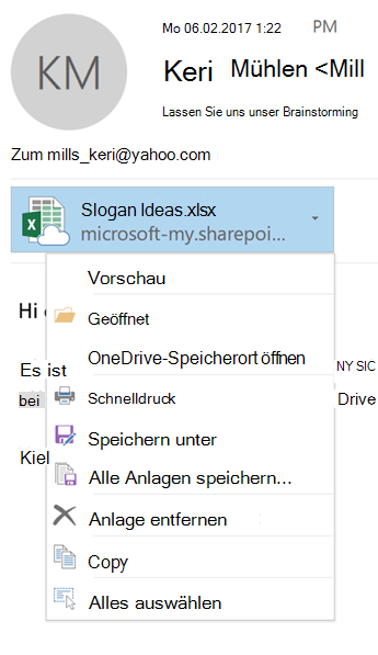Wählen Sie die Dropdown-Pfeil rechts Anlagensymbol Menü für Dateianlagen anzeigen