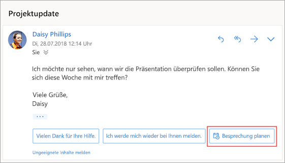 Ein Screenshot der vorgeschlagenen Antwort zum Planen einer Besprechung
