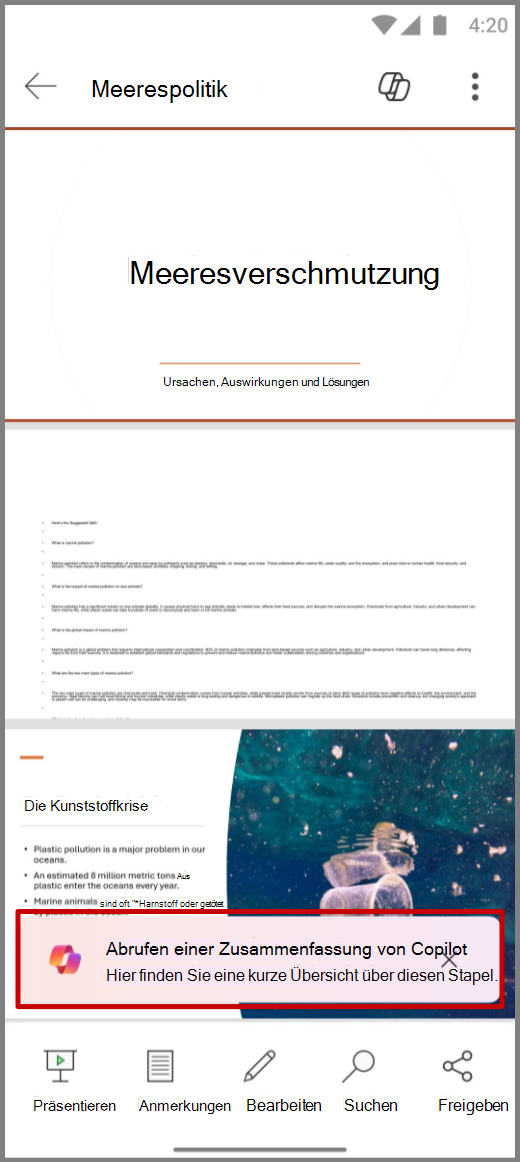 Screenshot von Copilot in PowerPoint auf einem Android-Gerät mit der Eingabeaufforderung „Zusammenfassung von Copilot abrufen“