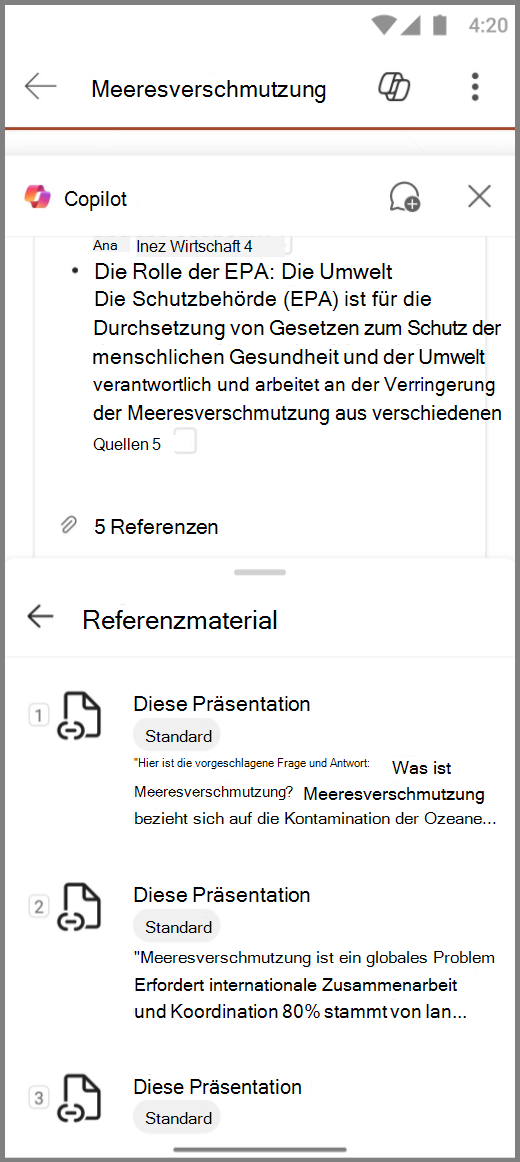 Screenshot von Copilot in PowerPoint auf einem Android-Gerät mit Verweisen für die Antwort „Dieses Deck zusammenfassen“