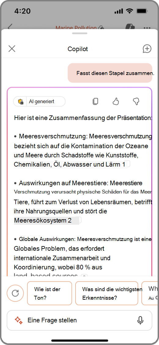Screenshot von Copilot in PowerPoint auf einem iOS-Gerät mit Zusammenfassung der Ergebnisse dieses Decks