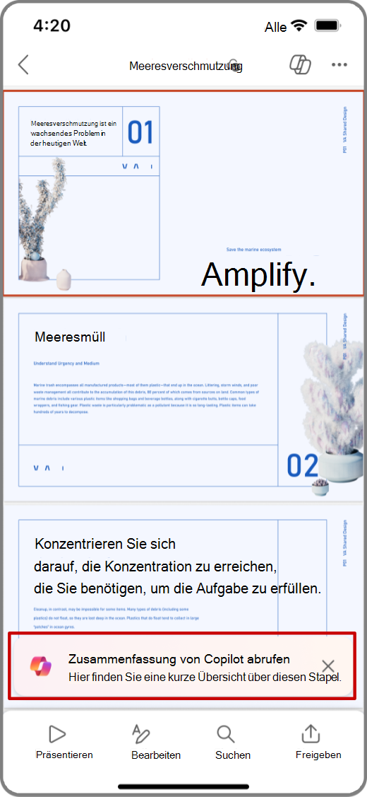 Screenshot von Copilot in PowerPoint auf einem iOS-Smartphone mit hervorgehobener Eingabenaufforderung „Zusammenfassung abrufen“