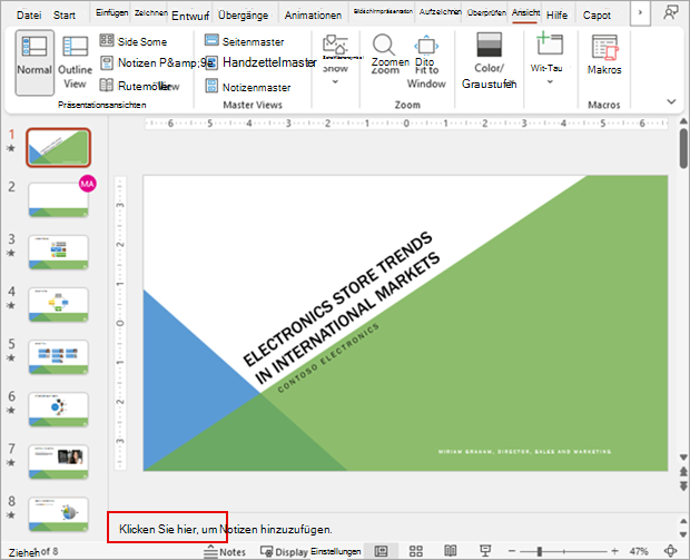 Screenshot, der eine PowerPoint-Foliengruppe in der Normalansicht zusammen mit dem Notizenabschnitt zeigt.