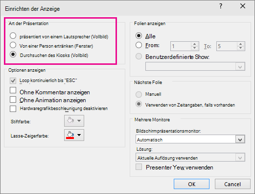 Zeigt das PowerPoint-Dialogfeld für selbstausführende Präsentationen
