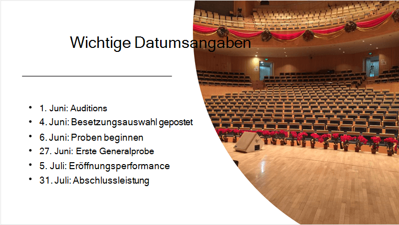 Beispielfolie mit einer Textzeitachse und einem Foto die von Designideen gestaltet und angeordnet wurde.