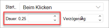 Das Feld Dauer beim Anwenden einer Animation in PowerPoint im Web.