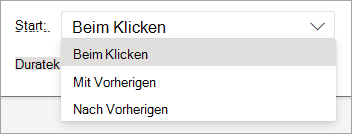 Die Dropdownauswahl Start beim Anwenden einer Animation in PowerPoint für das Web.